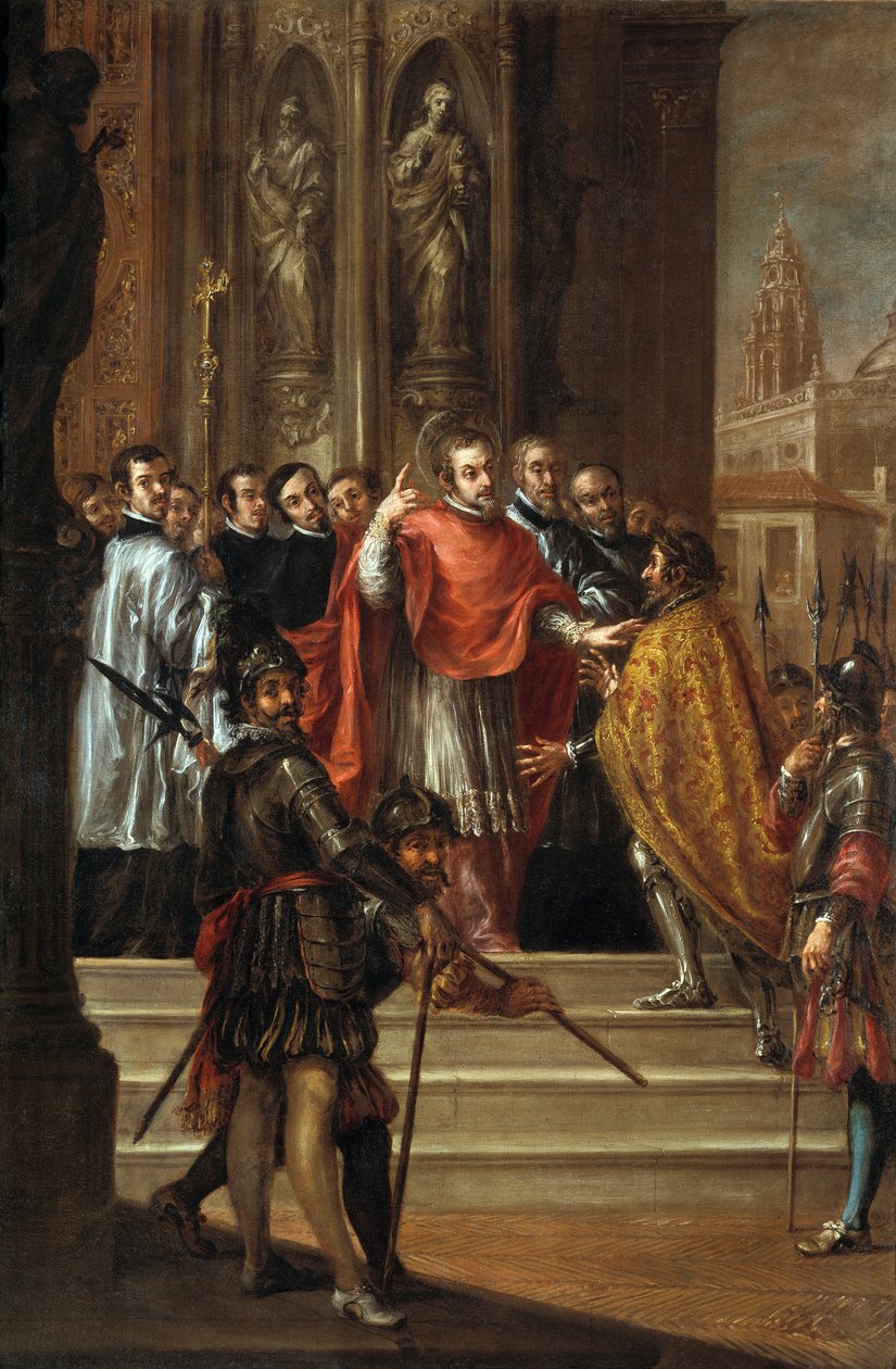 Św. Ambroży odmawiający cesarzowi Teodozjuszowi wejścia do kościoła, ok. 1673 (olej na płótnie) autorstwa Juan de Valdes Leal