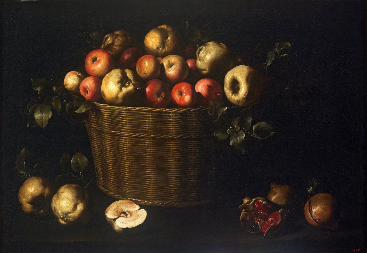 Kosz z Jabłkami, Pigwami i Granatami autorstwa Juan de Zurbaran