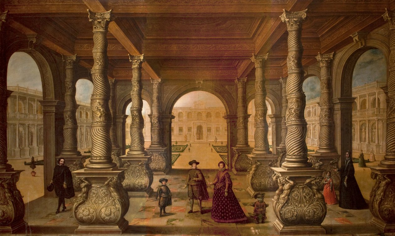Filip IV i jego królowa w kolumnadzie, ok. 1630 r. (olej na płótnie) autorstwa Juan de la Corte