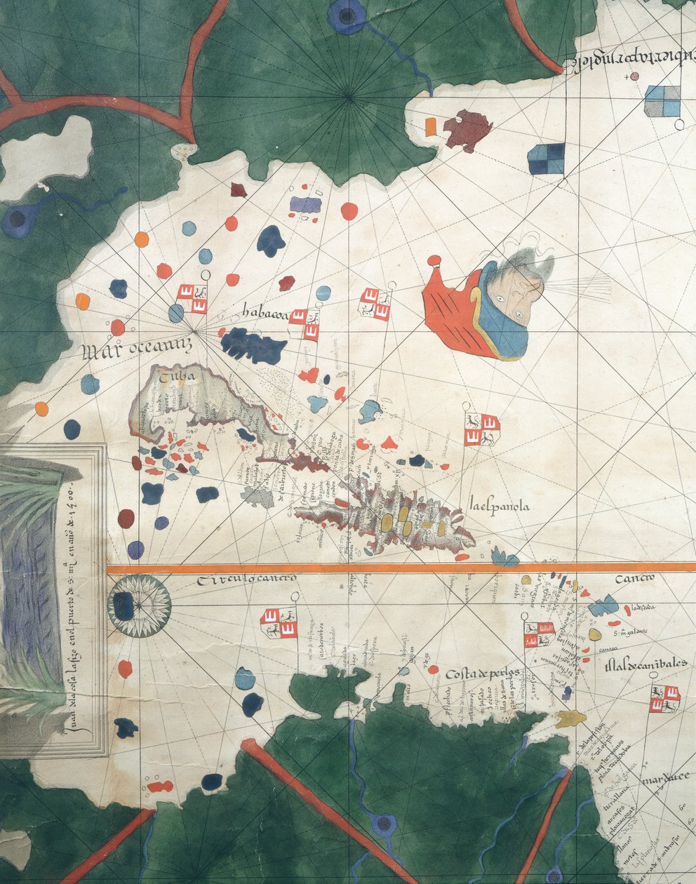 Wyspy Ameryki Środkowej, Juan de la Cosa, mapa morska autorstwa Juan de la Cosa