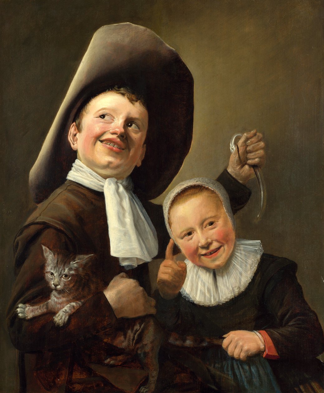 Chłopiec i dziewczynka z kotem i węgorzem autorstwa Judith Leyster