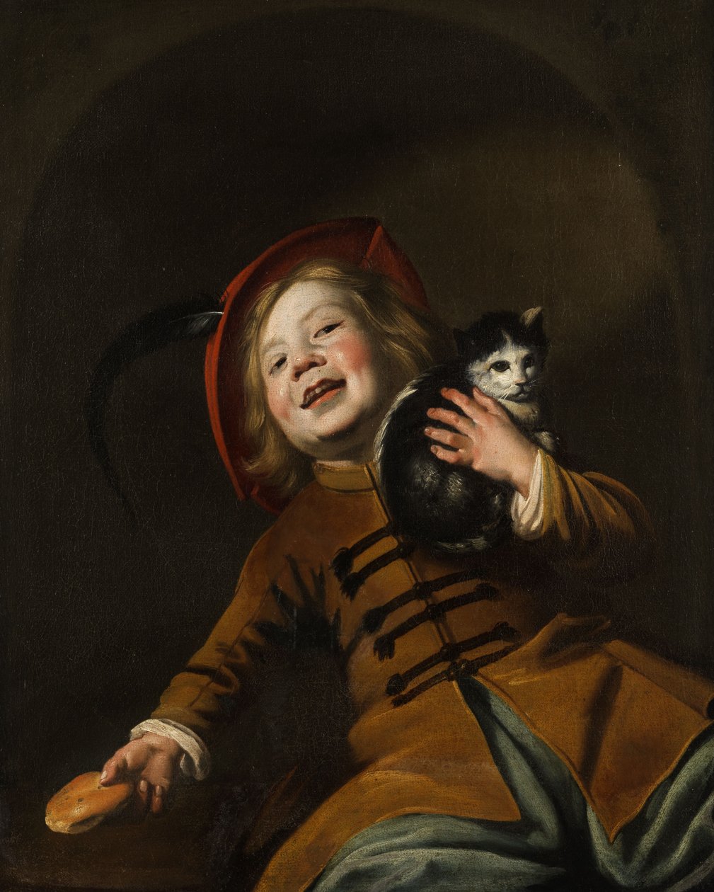 Portret chłopca z kotem, czerwoną czapką i kawałkiem chleba autorstwa Judith Leyster