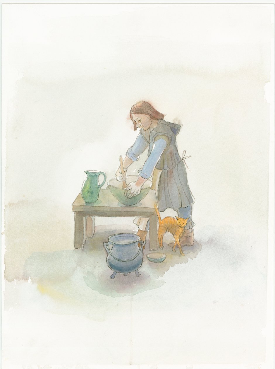 Średniowieczny kucharz przygotowujący jedzenie, 2004. autorstwa Judith Dobie