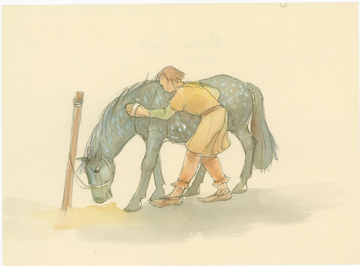 Średniowieczny pan młody szczotkujący konia, 2004. autorstwa Judith Dobie