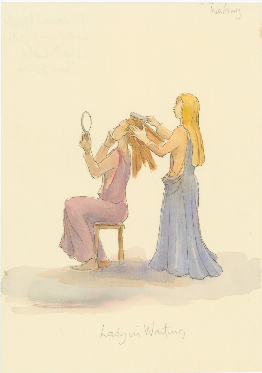Średniowieczna dama czekająca, czesząca włosy damy, 2004. autorstwa Judith Dobie