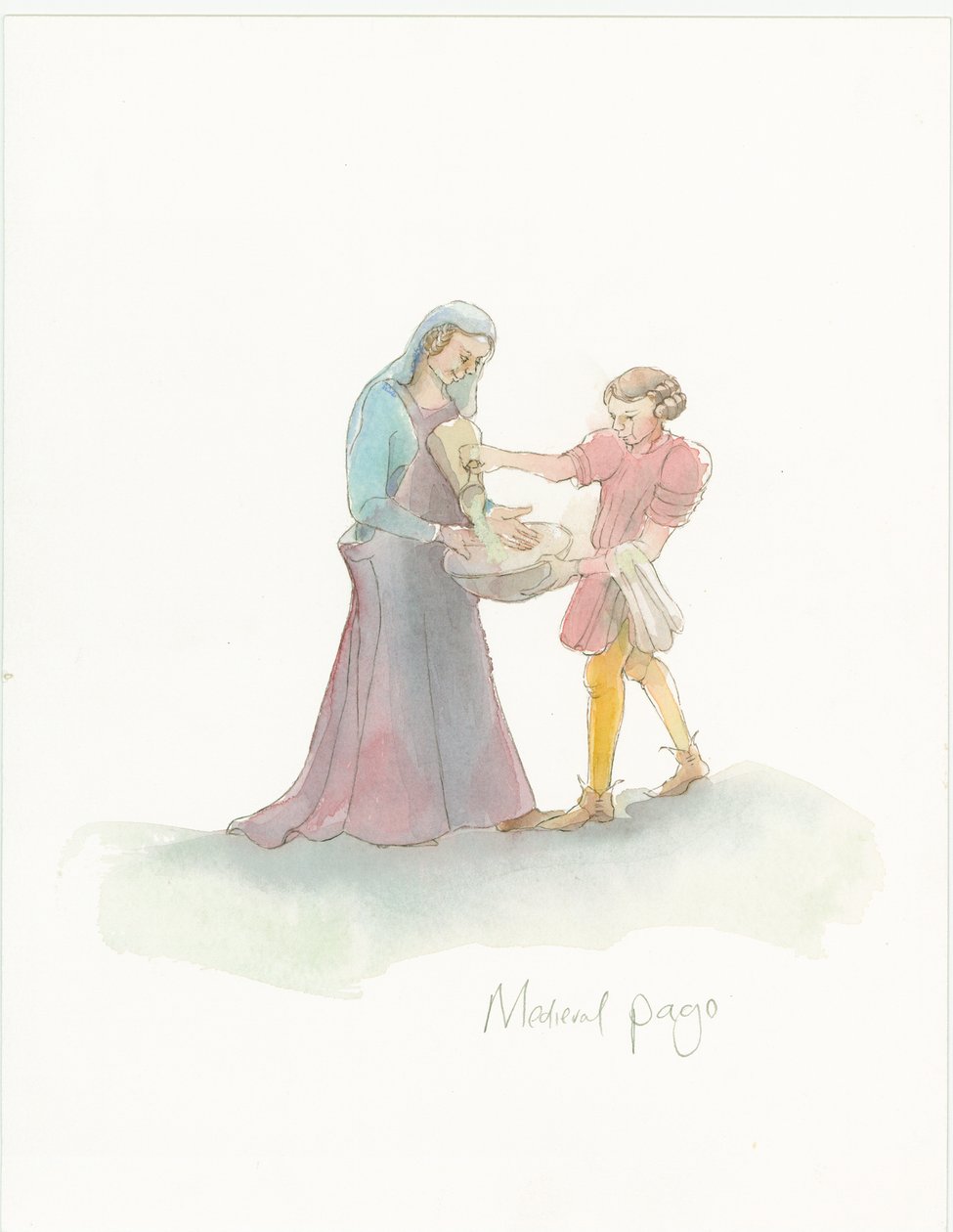 Średniowieczna kartka pomagająca kobiecie umyć ręce, 2004. autorstwa Judith Dobie