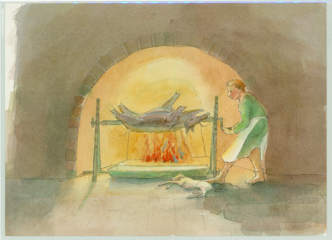 Średniowieczny rożen, który obraca rożen w kuchni, 2004. autorstwa Judith Dobie