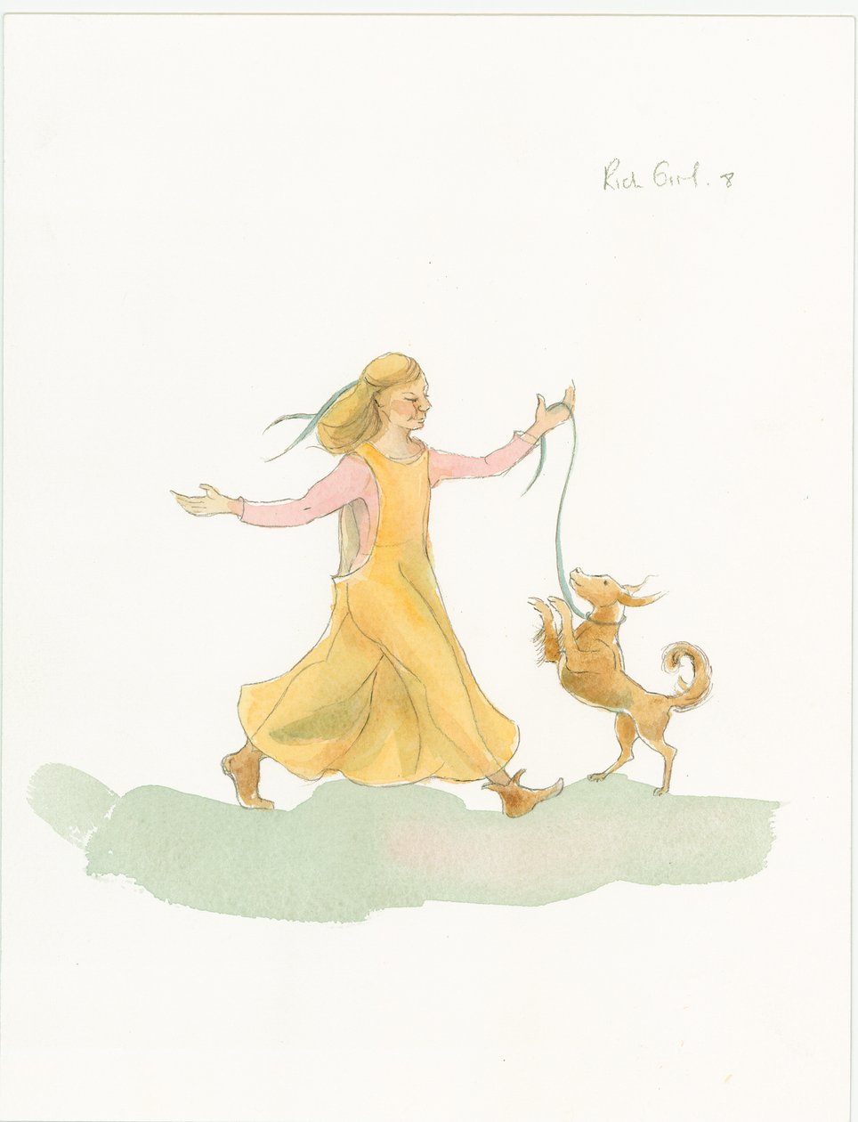 Średniowieczna kobieta bawiąca się z psem, 2004. autorstwa Judith Dobie