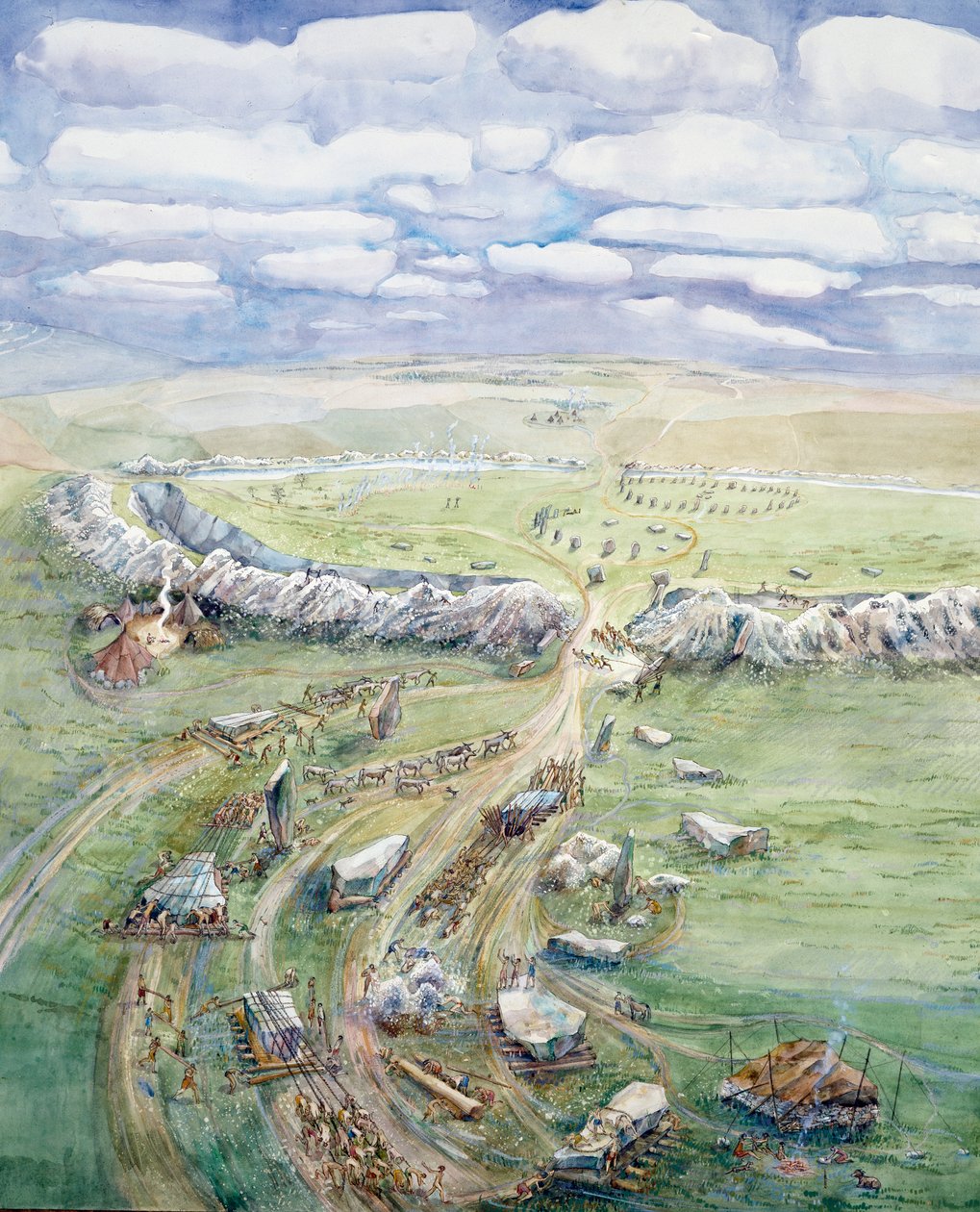 Avebury Henge w trakcie budowy (akwarela na papierze) autorstwa Judith Dobie