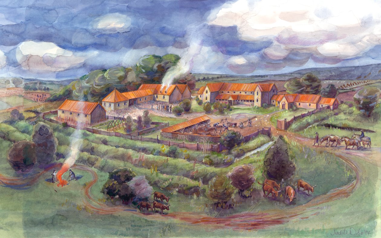 Gargrave Roman Villa, znana również jako Kirk Sink Roman Villa (akwarela na papierze) autorstwa Judith Dobie