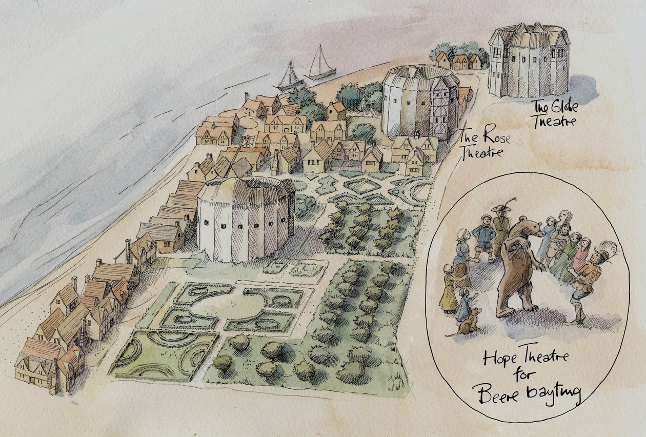 Hope Theatre, Rose Theatre i Globe Theatre, Southwark, Londyn, c1647 2016. autorstwa Judith Dobie