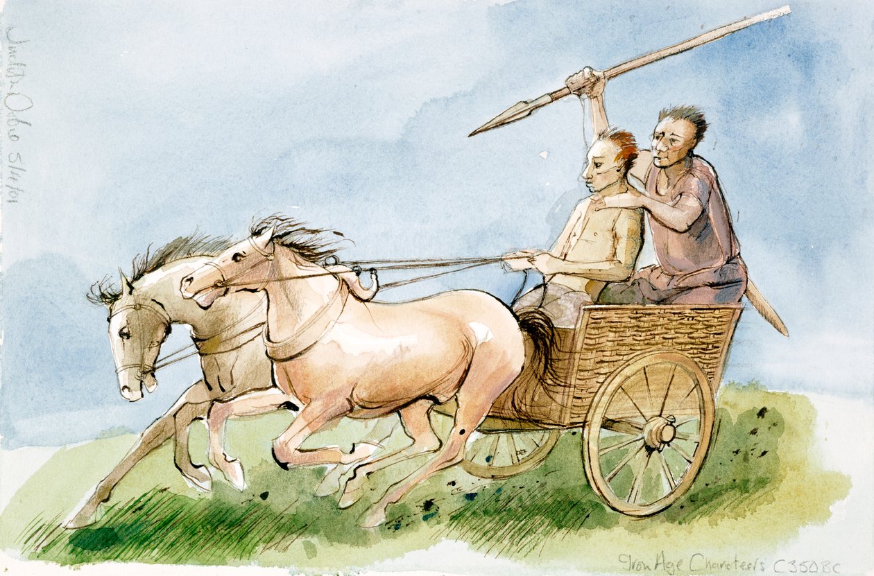Rydwany z epoki żelaza ok. 350, 2001 (pióro i akwarela na papierze) autorstwa Judith Dobie