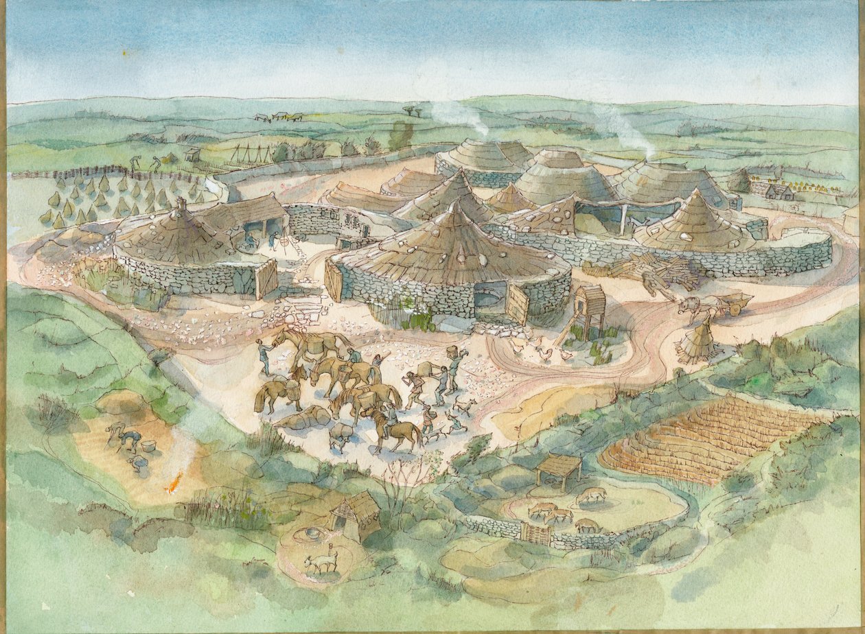 Rekonstrukcja Carn Euny (akwarela na papierze) autorstwa Judith Dobie