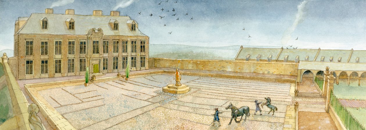 Sala bankietowa i dziedziniec rezydencji Cholmley w opactwie Whitby w 1700 roku (akwarela na papierze) autorstwa Judith Dobie