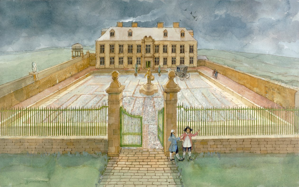 Sala bankietowa i dziedziniec rezydencji Cholmley w opactwie Whitby w 1700 roku (akwarela na papierze) autorstwa Judith Dobie