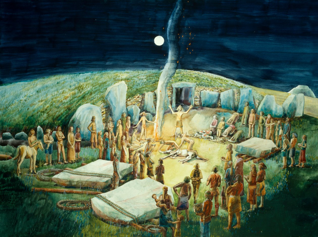 West Kennet Long Barrow, rekonstrukcja neolityczna (akwarela na papierze) autorstwa Judith Dobie
