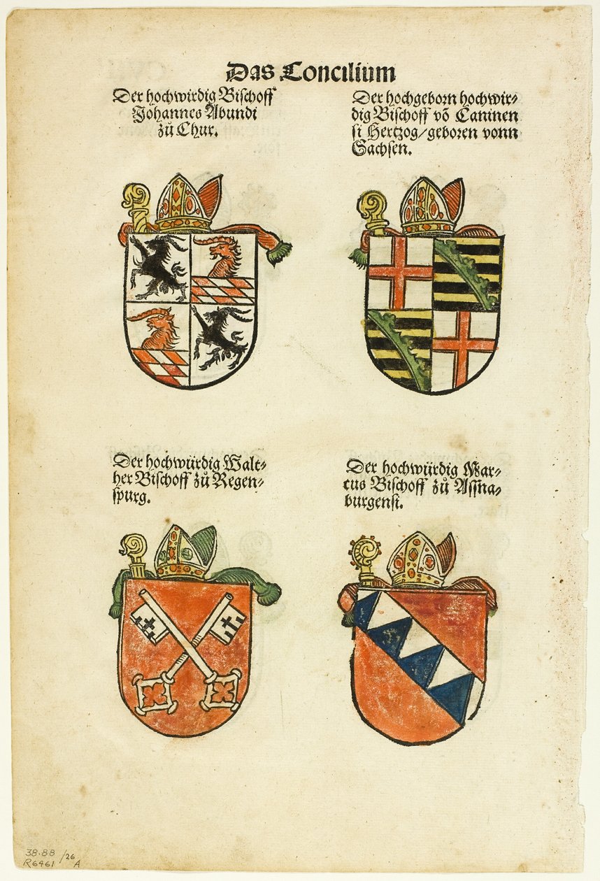 Herby biskupów (recto i verso) z Das Concilium so zu Constantz, płyta 26 z Woodcuts from Books of the XVI Century autorstwa Jörg Breu the Elder