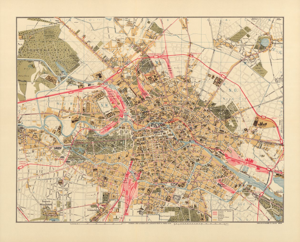 Mapa Berlina, wydrukowana przez C.L. Keller, Berlin, 1890 r. autorstwa Jul. Straube
