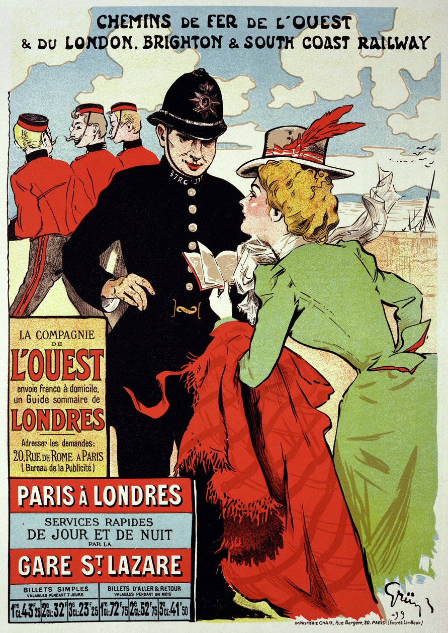 Reprodukcja plakatu Pociągi reklamowe z Paryża do Londynu, 1899 autorstwa Jules Alexandre Gruen or Grun