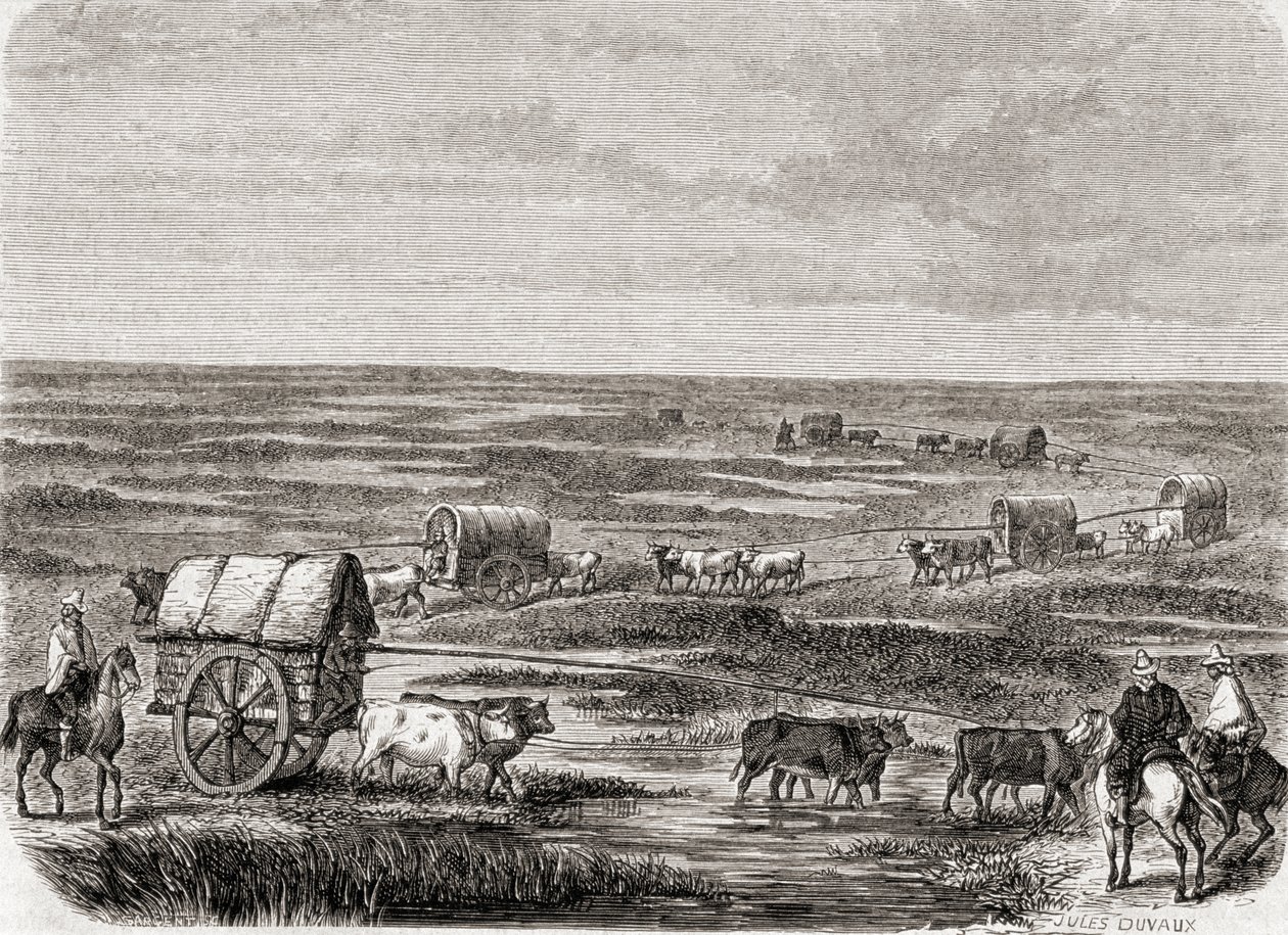 Pociąg wagonowy na argentyńskiej Pampasach w latach 60. XIX wieku, rytowany przez Alfreda Louisa Sargenta (ur. 1828) autorstwa Jules Antoine Duvaux