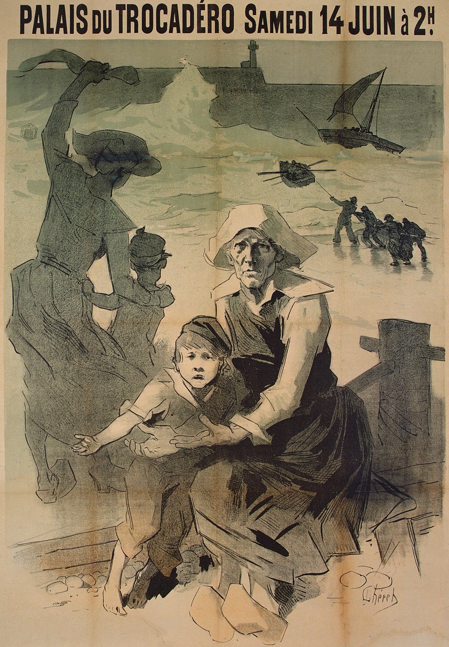 Plakat reklamujący galę charytatywną na rzecz rodzin rozbitków w Palais du Trocadero, 14 czerwca 1890 autorstwa Jules Cheret