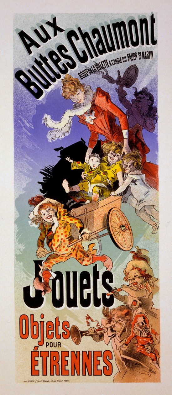 Plakat do sklepu z zabawkami „Aux Buttes Chaumont”, ok. 1899 r. autorstwa Jules Cheret