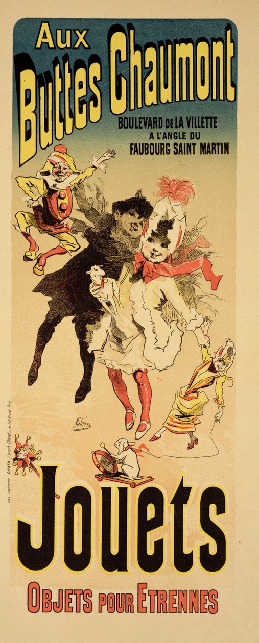 Reprodukcja plakatu reklamującego sklep z zabawkami „Aux Buttes Chaumont” autorstwa Jules Cheret