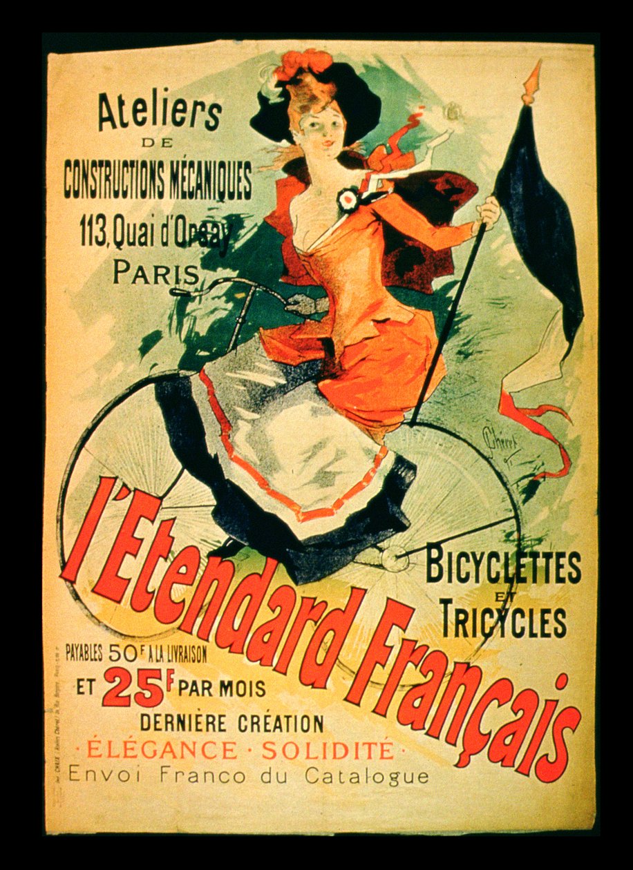 „The French Standard”, plakat reklamujący „Atelier de Constructions Mecaniques, Bicycles and Tricycles”, Paryż, 1891 autorstwa Jules Cheret