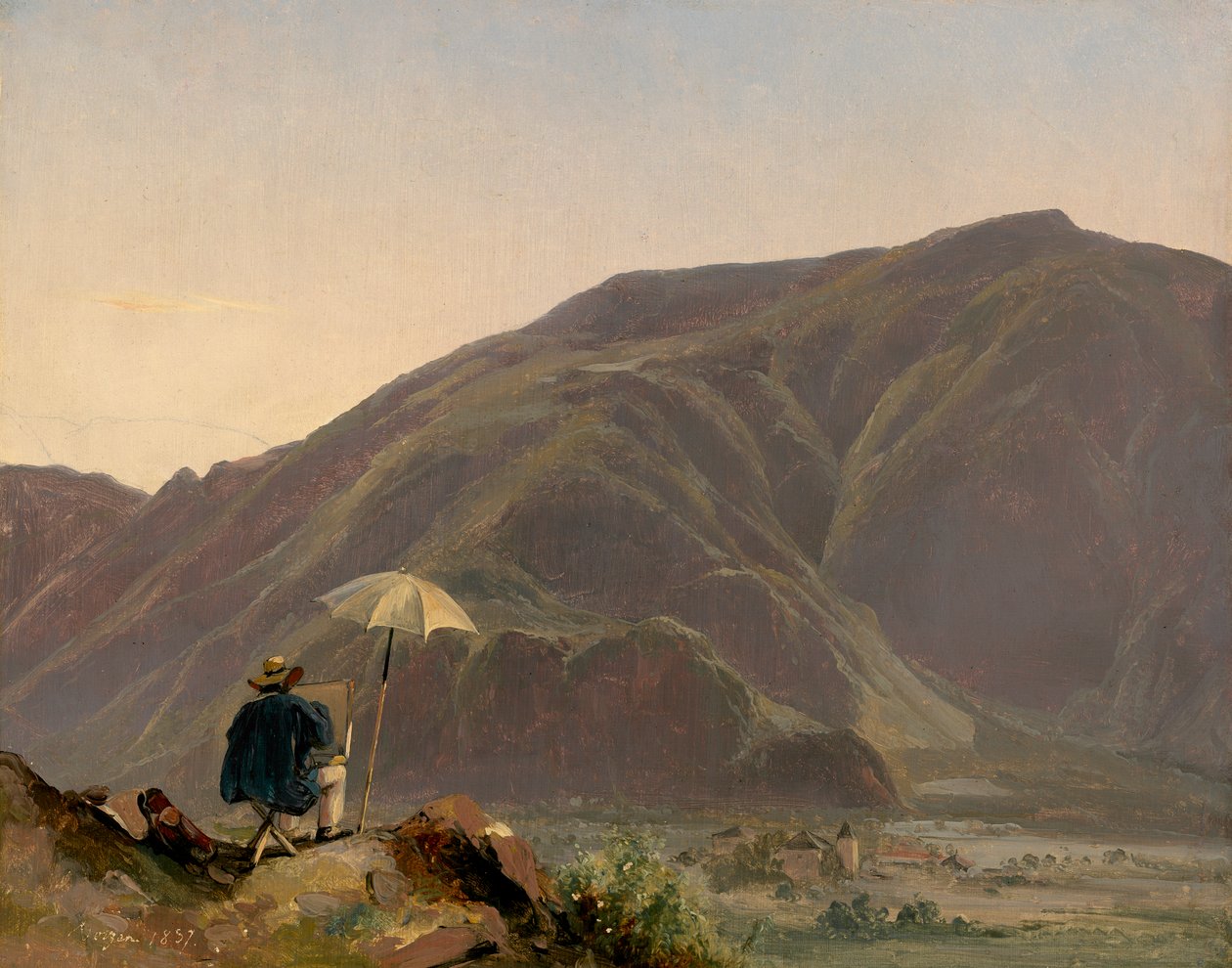 Widok Bozen z malarzem, 1837 (olej na papierze na płótnie) autorstwa Jules Coignet