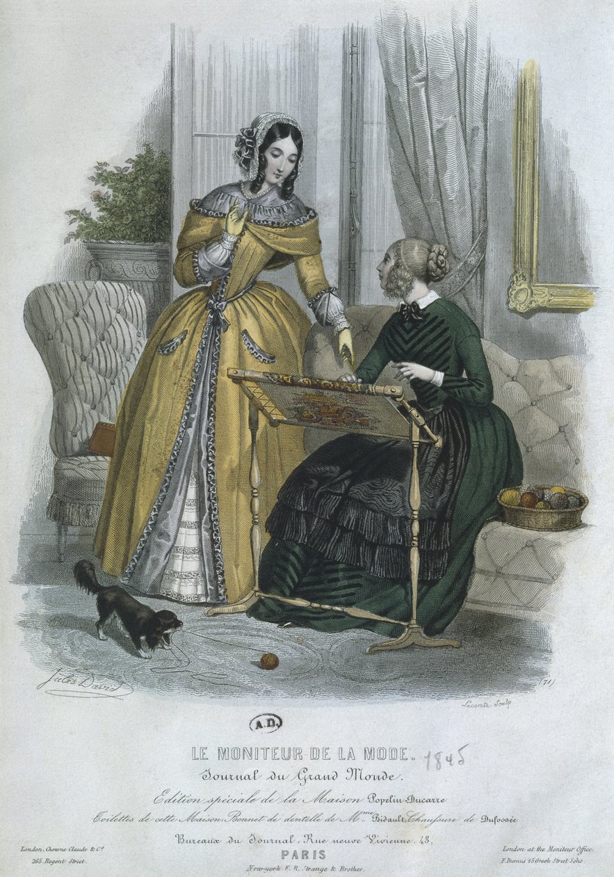 Tabliczka z modą, Paryż, ilustracja z „Le Moniteur de la Mode”, grawerowana przez Lecomte, 1845 (kolor grawerowany) autorstwa Jules David
