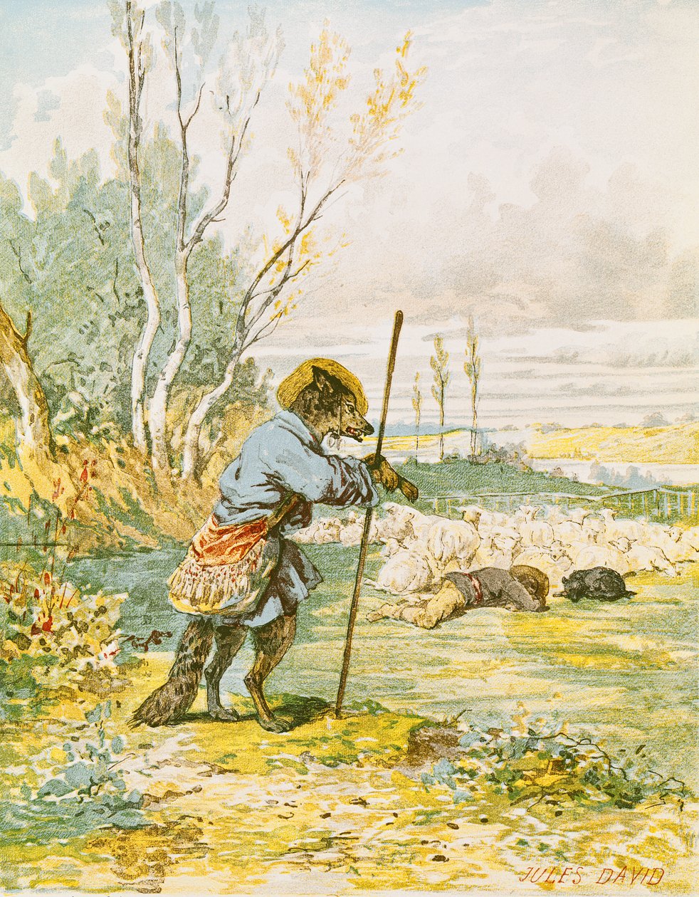 Wilk jako pasterz z „Bajek” Jeana de La Fontaine (1621-95) autorstwa Jules David