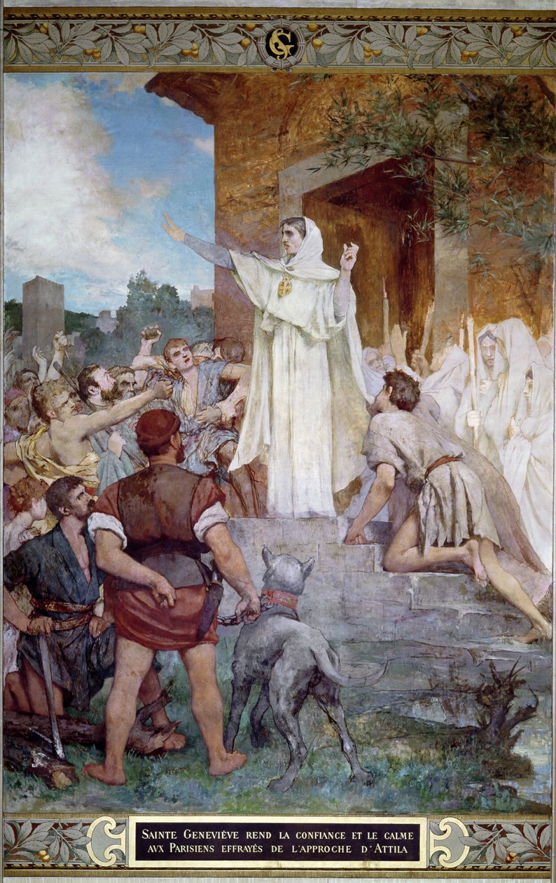 Św. Genevieve uspokaja paryżan przed nadejściem Attyli (ok. 406-453) autorstwa Jules Elie Delaunay