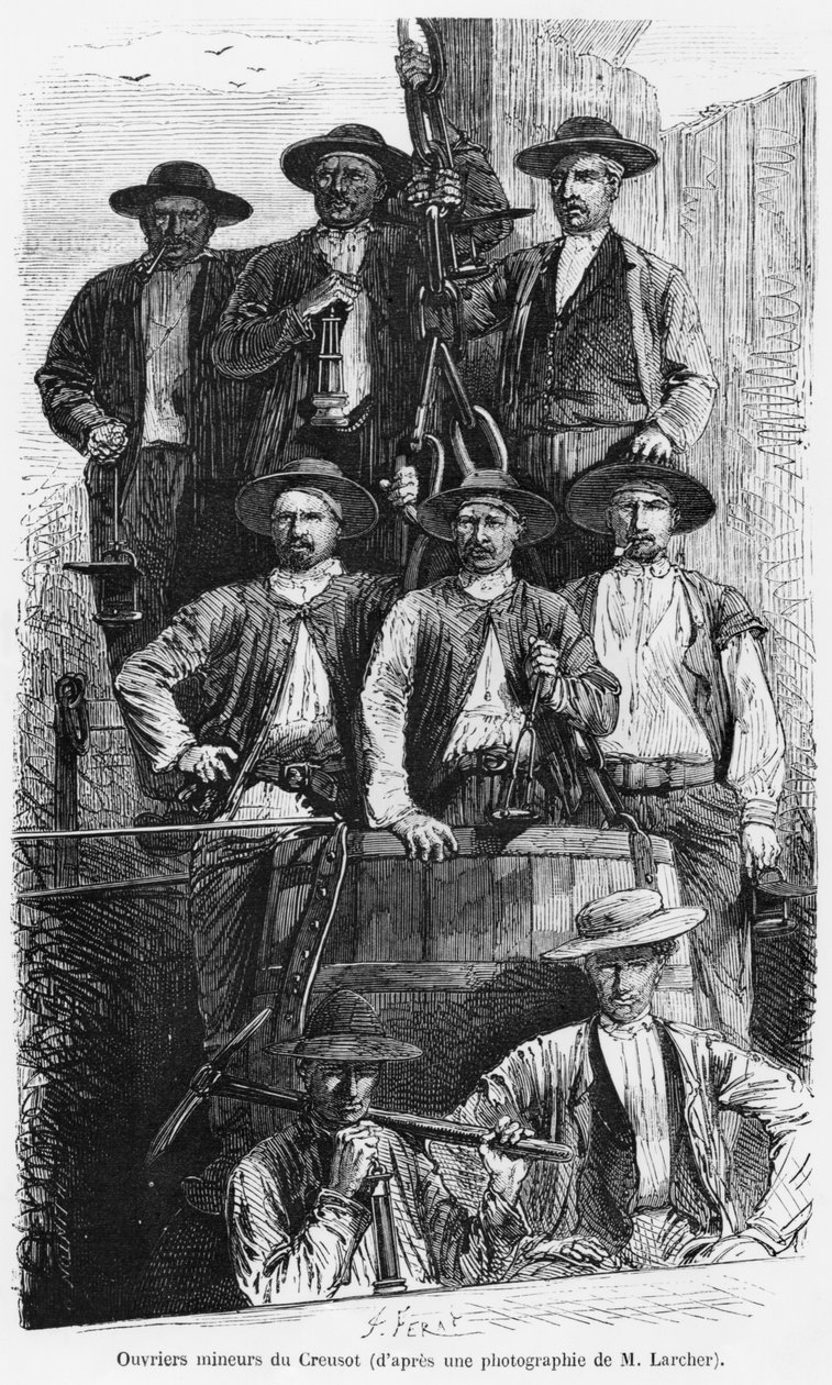 Górnicy z Le Creusot podczas Drugiego Cesarstwa, ilustracja z „Les Grandes Usines” Juliena Turgana, ok. 1880 autorstwa Jules Ferat