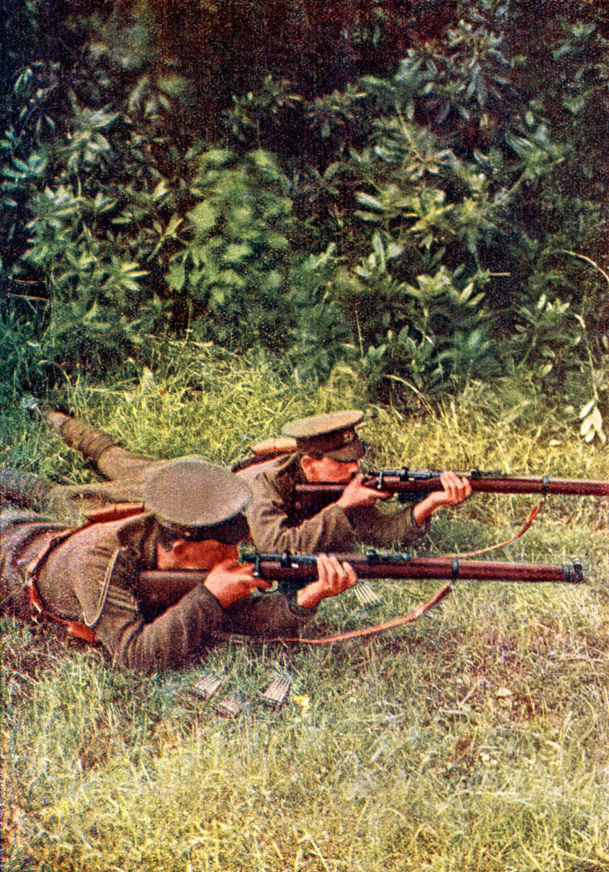 Brytyjscy strzelcy w akcji przeciwko bawarskim dragonom podczas bitwy nad Marną na wschód od Paryża, wrzesień 1914 (autochrom) autorstwa Jules Gervais Courtellemont