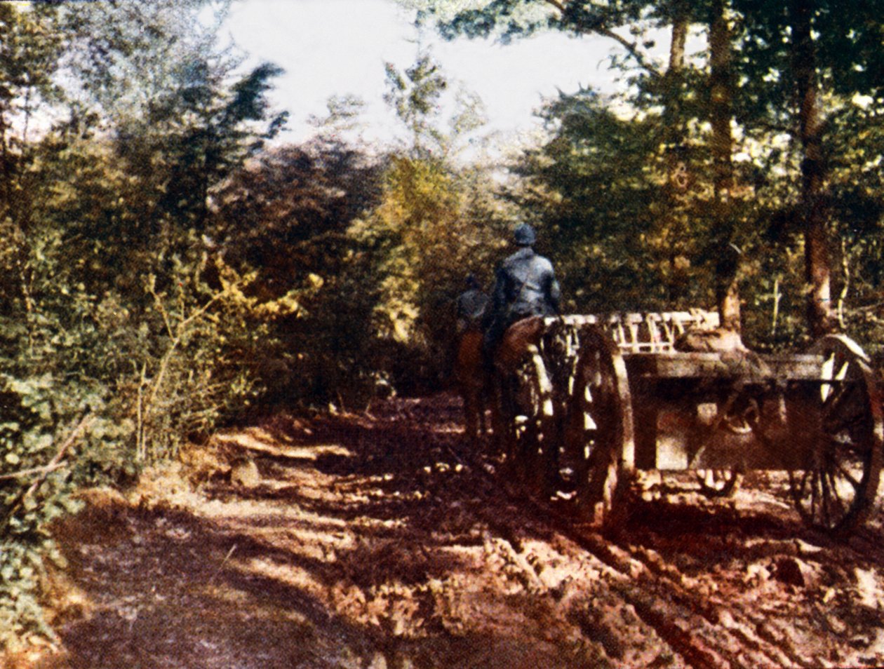 Francuski wóz konny z armatą 75 mm, Verdun, 1916 (autochrome) autorstwa Jules Gervais Courtellemont