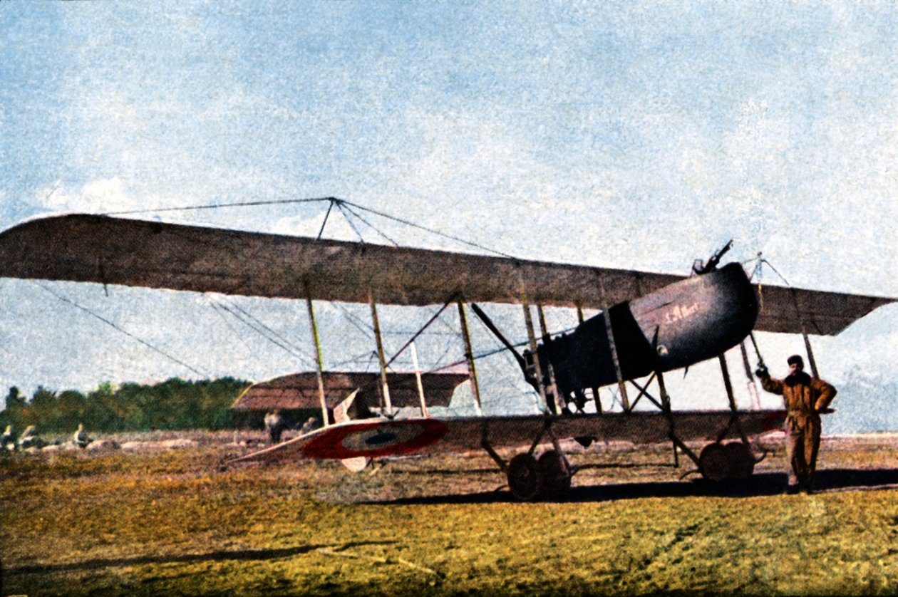 Pilot i belgijski Farman F.40 No. 10 (zwany Kodakiem), który służył jako samolot rozpoznawczy, Verdun, wrzesień 1916 (autochrome) autorstwa Jules Gervais Courtellemont