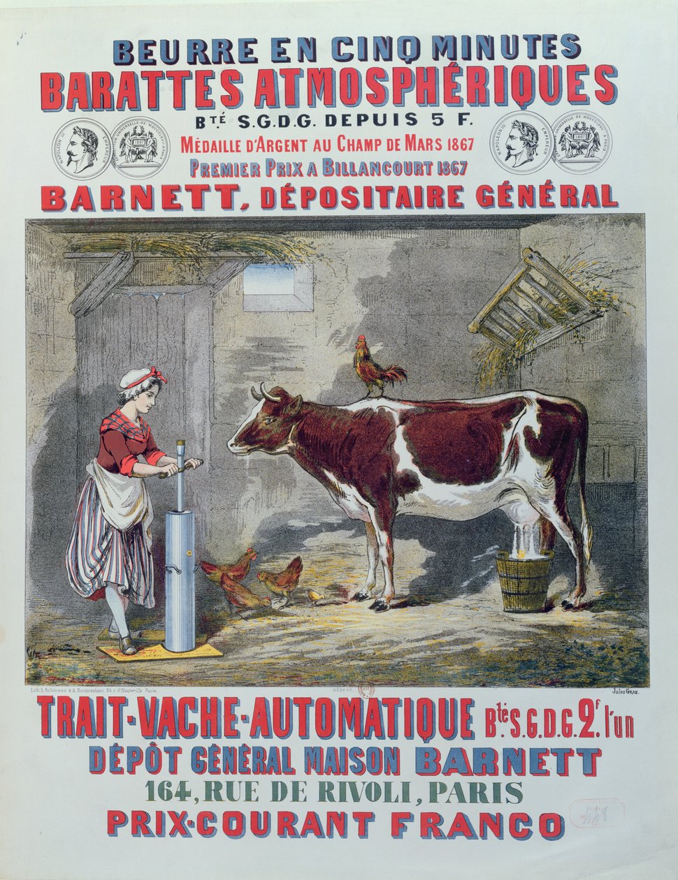 Reklama atmosferycznego maselnicy i automatycznej dojarki, Maison Barnett, Paryż, c.1867 autorstwa Jules Gras