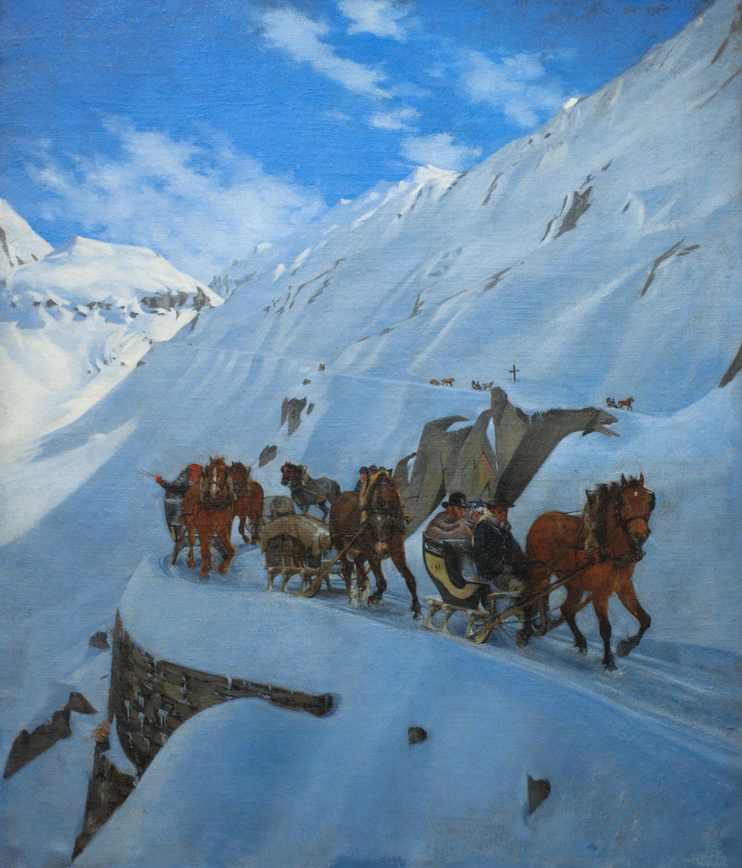 Konwój pocztowy w Gotthard zimą autorstwa Jules Jacques Jacot Guillarmod