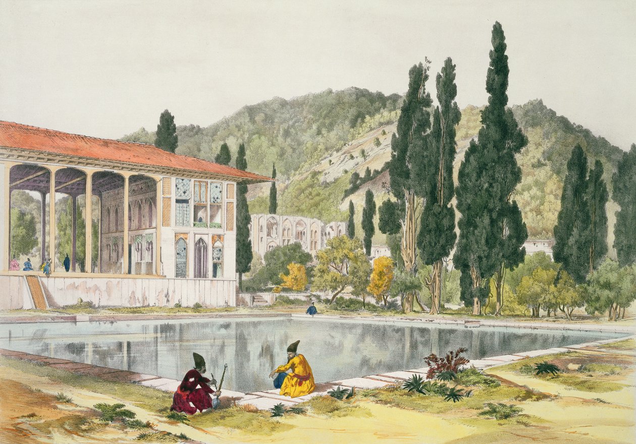 Pałac i Ogrody Ashref, Persia, tablica 80 z „Podróży po Turcji i Persji”, rytowany przez artystę autorstwa Jules Joseph Augustin Laurens