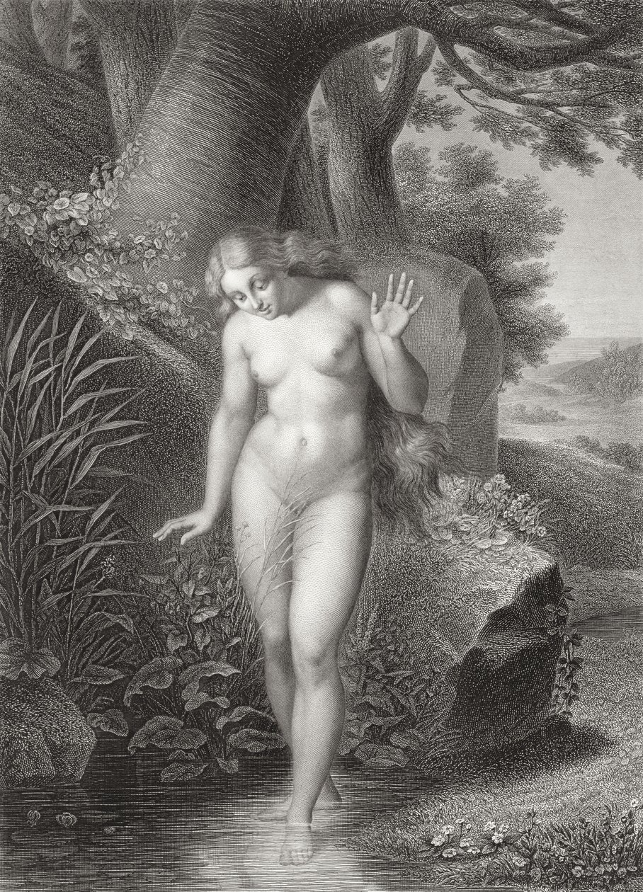 Odbicie Ewy w wodzie, z francuskiego wydania "Raju utraconego" Johna Miltona (1608-74) rytowanego przez St. Eve i Lalaisse, opublikowanego w 1868 r. autorstwa Jules Richomme