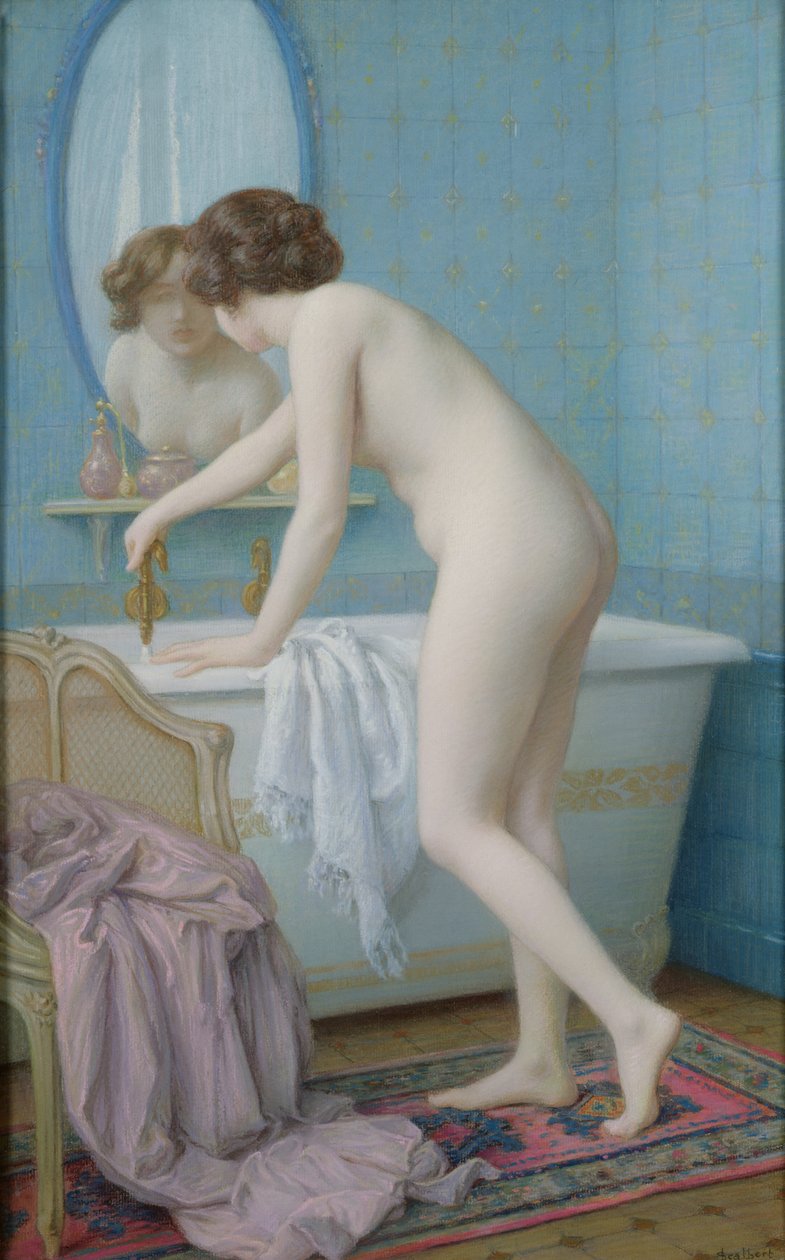 Młoda kobieta przygotowująca kąpiel (pastel na papierze) autorstwa Jules Scalbert