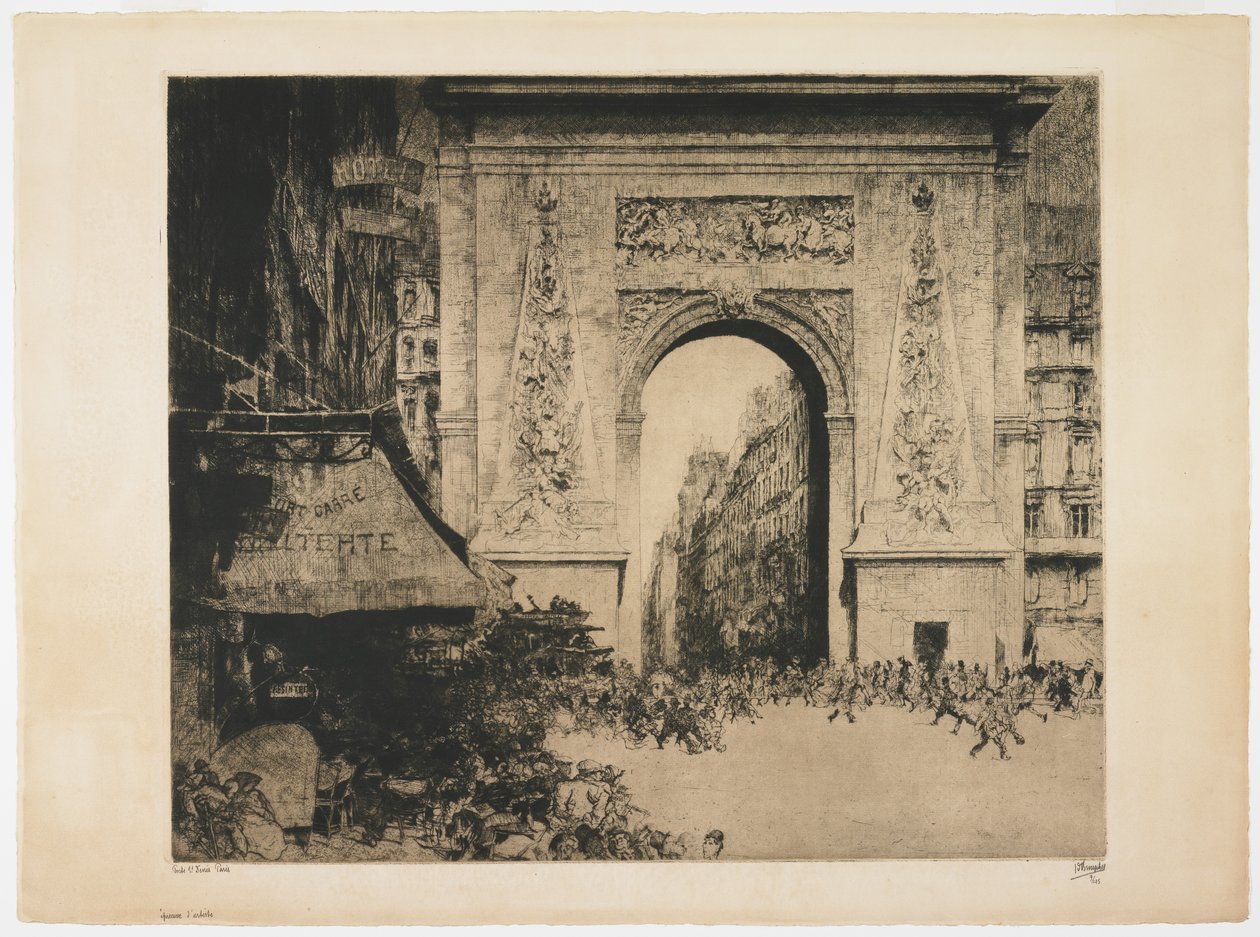 Porte Saint-Denis, Paryż, 1928 (akwaforta, sucha igła, akwatinta i ton płytowy) autorstwa Jules de Bruycker