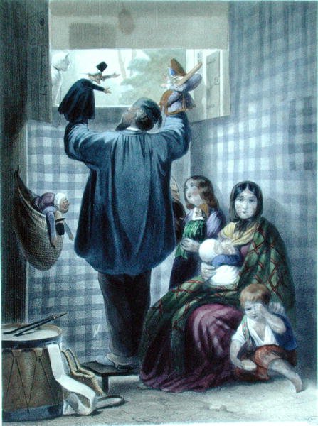 Za kulisami pokazu marionetek „La Comedie du Chat”, ok. 1840 (kolorowe grawerowanie) autorstwa Jules (after) David