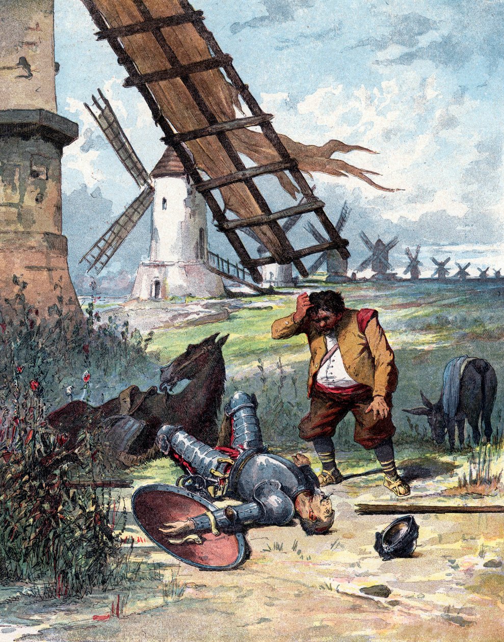 Don Kichot walczył z wiatrakami i spadł z konia, Sancho Pansa patrzy na swojego pana, ilustracja do książki Miguela de Cervantesa „Histoire de Don Quichotte”, rycina według Julesa Davida autorstwa Jules (after) David