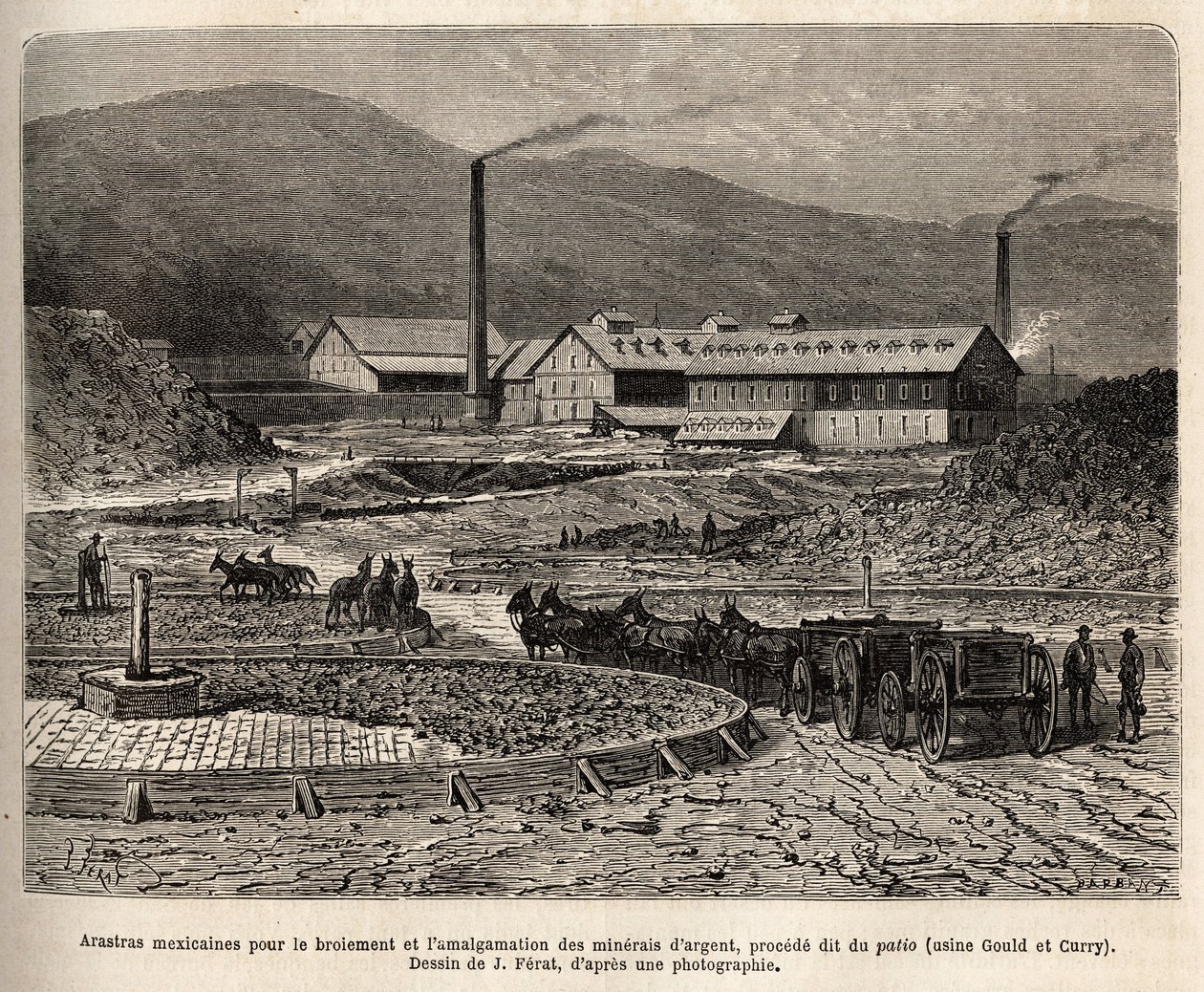 meksykańskie arastry (obszar deptany przez stopy mułów, jak deptanie blesów) do mielenia i łączenia rud srebra (fabryki Gould i Curry) w okolicach Virginia City (Nevada), grawerowanie według rysunku J.Ferata , ilustracje autorstwa Jules (after) Ferat