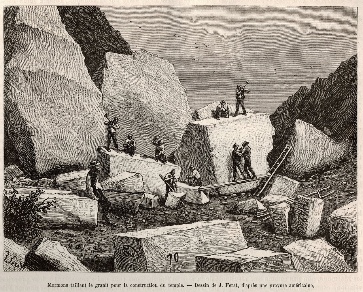 Mormon rzeźbiony granit do budowy świątyni. Grawer na podstawie rysunku J.Ferata, aby zilustrować historię La conquete blanche, Williama Hepwortha Dixona, w 1875, opublikowany w „” Le tour du monde””” 1876, pod redakcją Edouarda Chartona, wyd. Hachette, Pa autorstwa Jules (after) Ferat