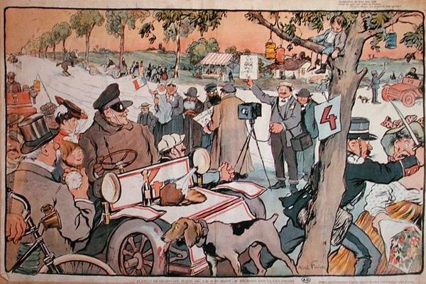 Karykatura M. Fourniera wyruszającego na rajd Paryż-Berlin autorstwa Jules Abel Faivre