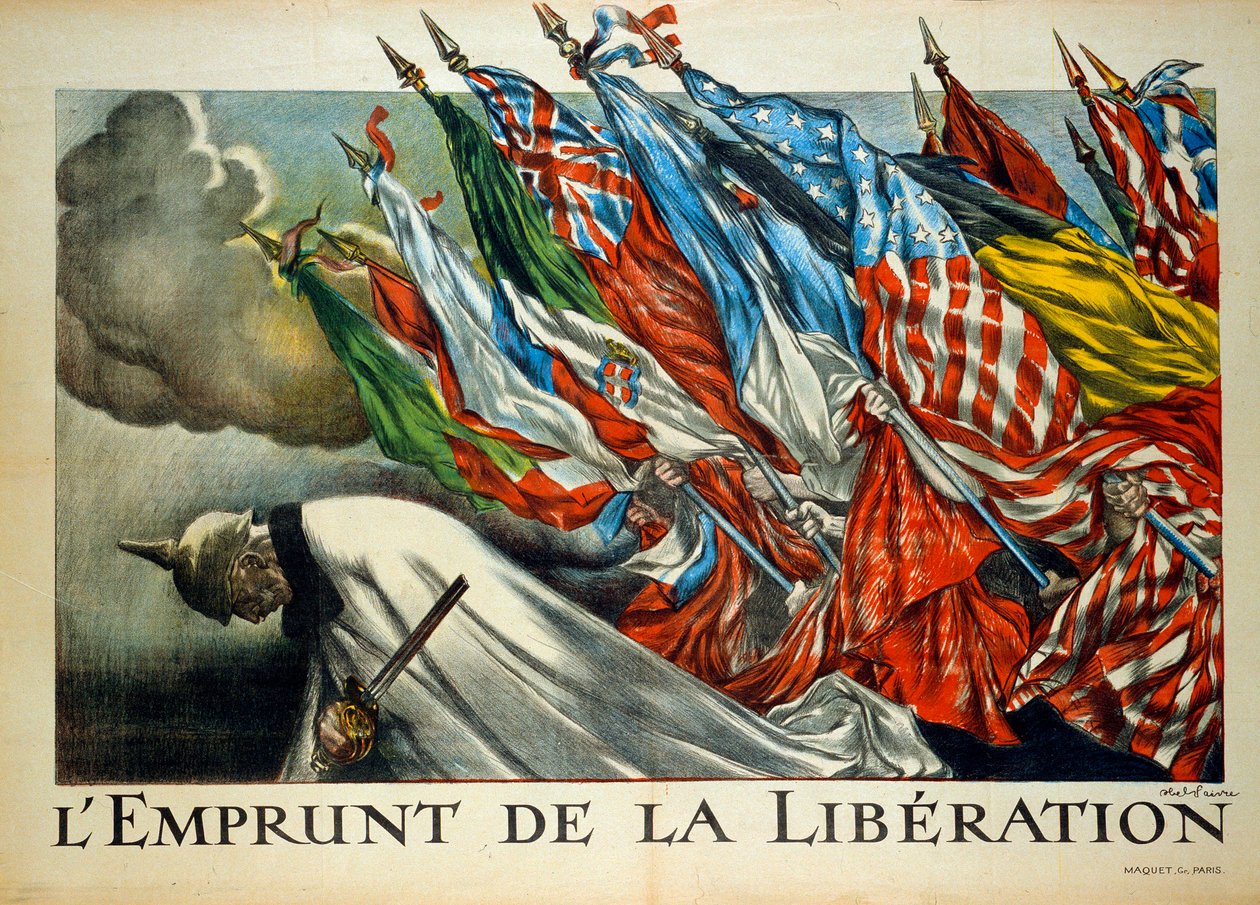 Pierwsza wojna światowa: „Pożyczenie wyzwolenia”, Wilhelm II (1859 - 1941) skłonił się pod flagami alianckimi. Ilustracja Abela Faivre
