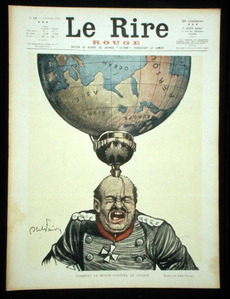 How the World Wears the Helmet, przednia okładka „Le Rire Rouge”, 6 lutego 1915 (kolor lito) autorstwa Jules Abel Faivre