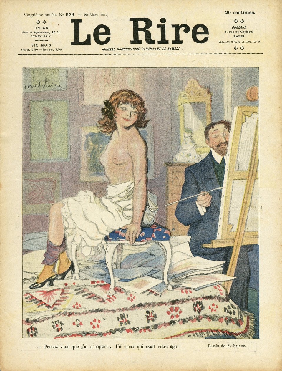 Ilustracja autorstwa Abla Faivre (1867-1945) na okładkę Le Rire, 22.03.13 - Sztuka, Akt - Malarze artyści, Modelka (która pozuje) autorstwa Jules Abel Faivre